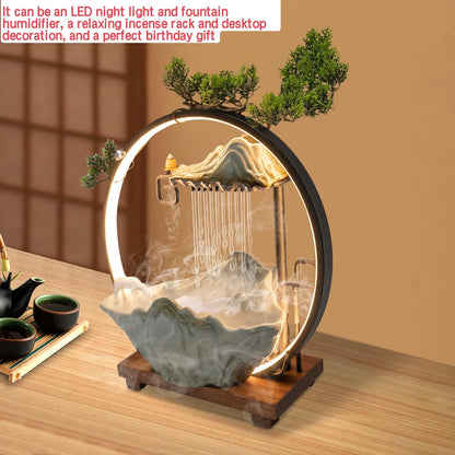 Mini Artificial Bonsai Tree Waterfall Fog Feature Rock Tabletop Fountain | 11in Desktop Decor Waterfall Fountain W/ Water Pump& Atomizer&LED Lights &Fake Tree Office Bedroom Relax
