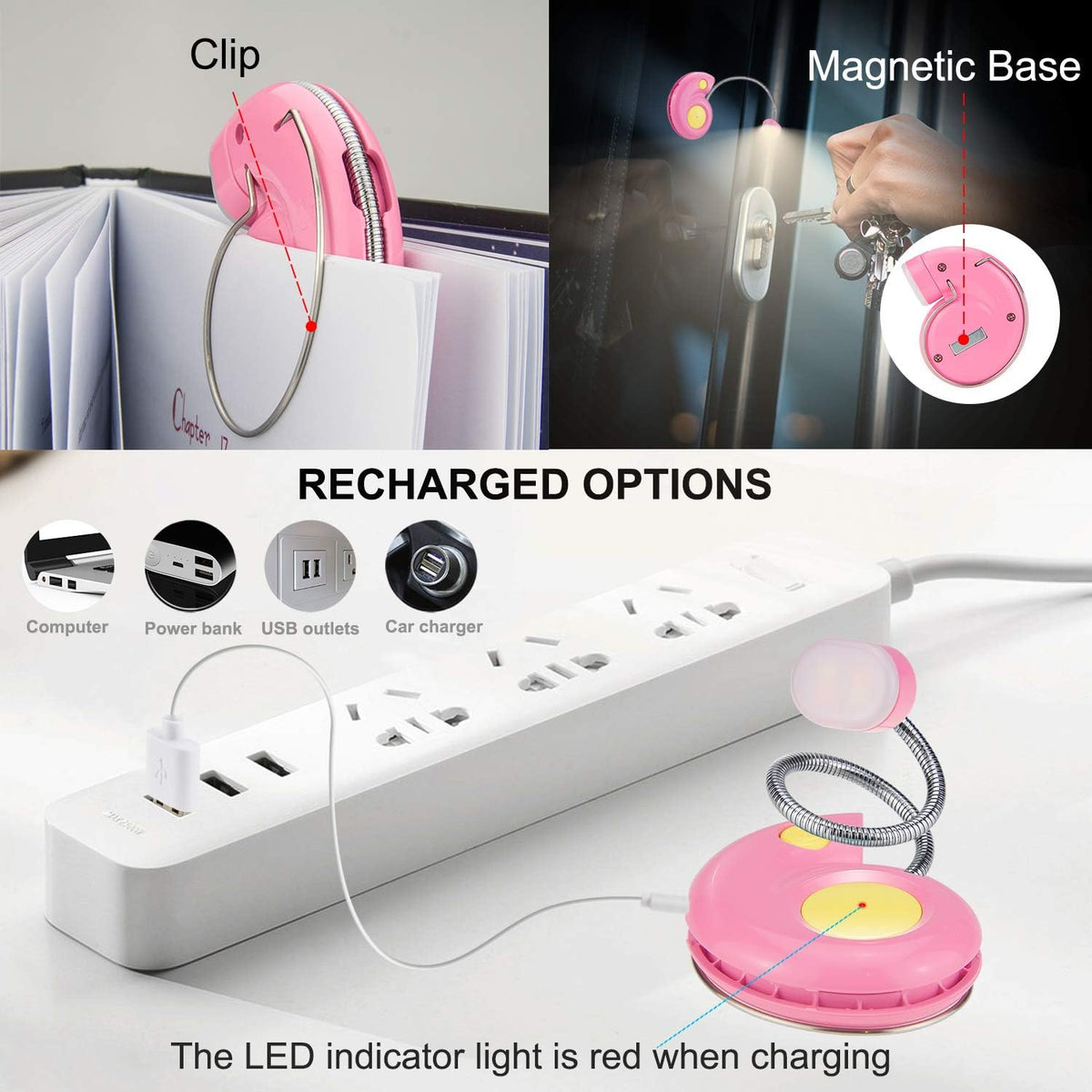 Kids Rechargeable Book Light, Clip on Reading Light for Kid, Kids Reading Lights, Amber Book Light for Reading in Bed, 2 Lighting Modes, Blue Light Blocking, Bookmark Light for Bookworms-Pink