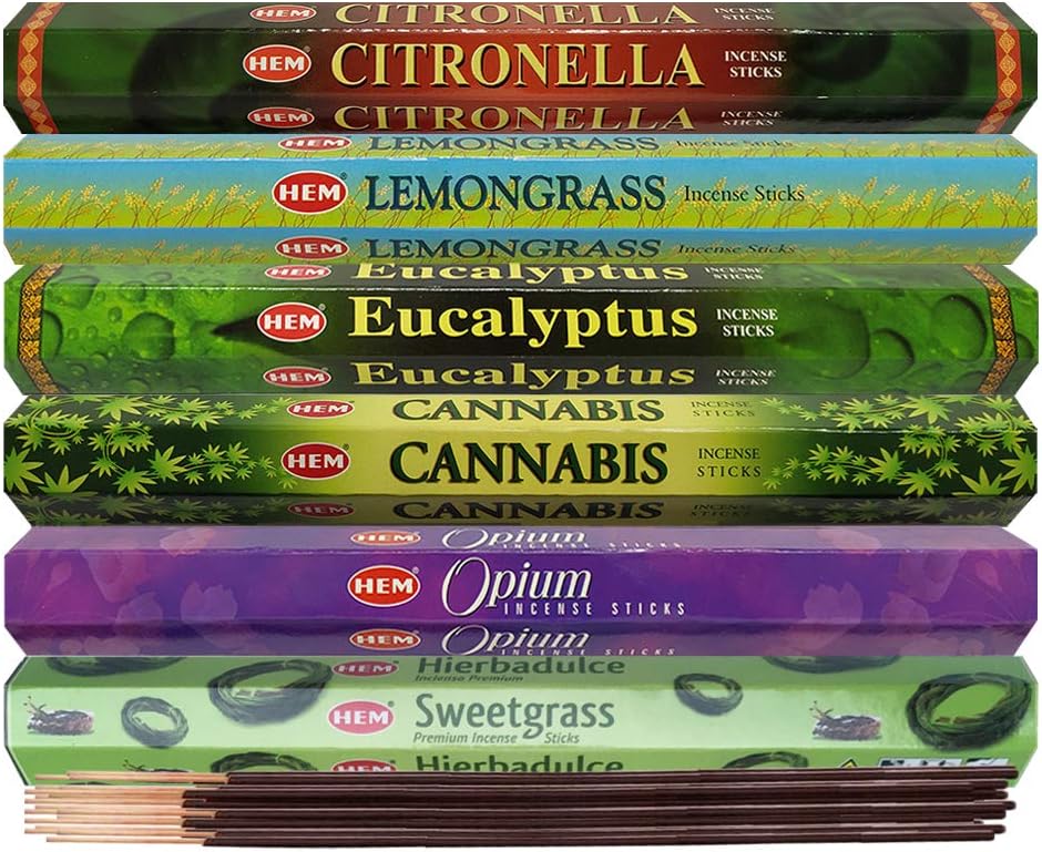 Hem Incense Sticks Variety Pack #23-120 Insence-Sticks (6 Incents x 20 Insense) + Incense Stick Holder with 6 Most Liked Scents Including Patchouli Dragons Blood White Sage Frankincense-Myrrh
