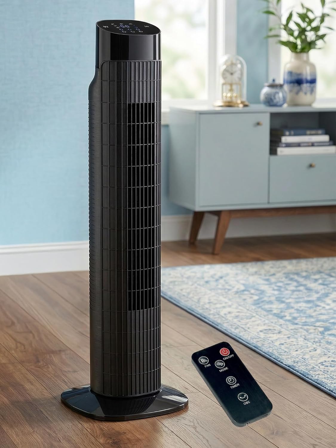 Uthfy Tower Fan with Remote, Portable 120° Oscillating Standing Fan, 3 Speeds & 3 Modes, 7.5H Timer, Fans That Blow Cold Air for Bedroom, Living Room, Office, Black