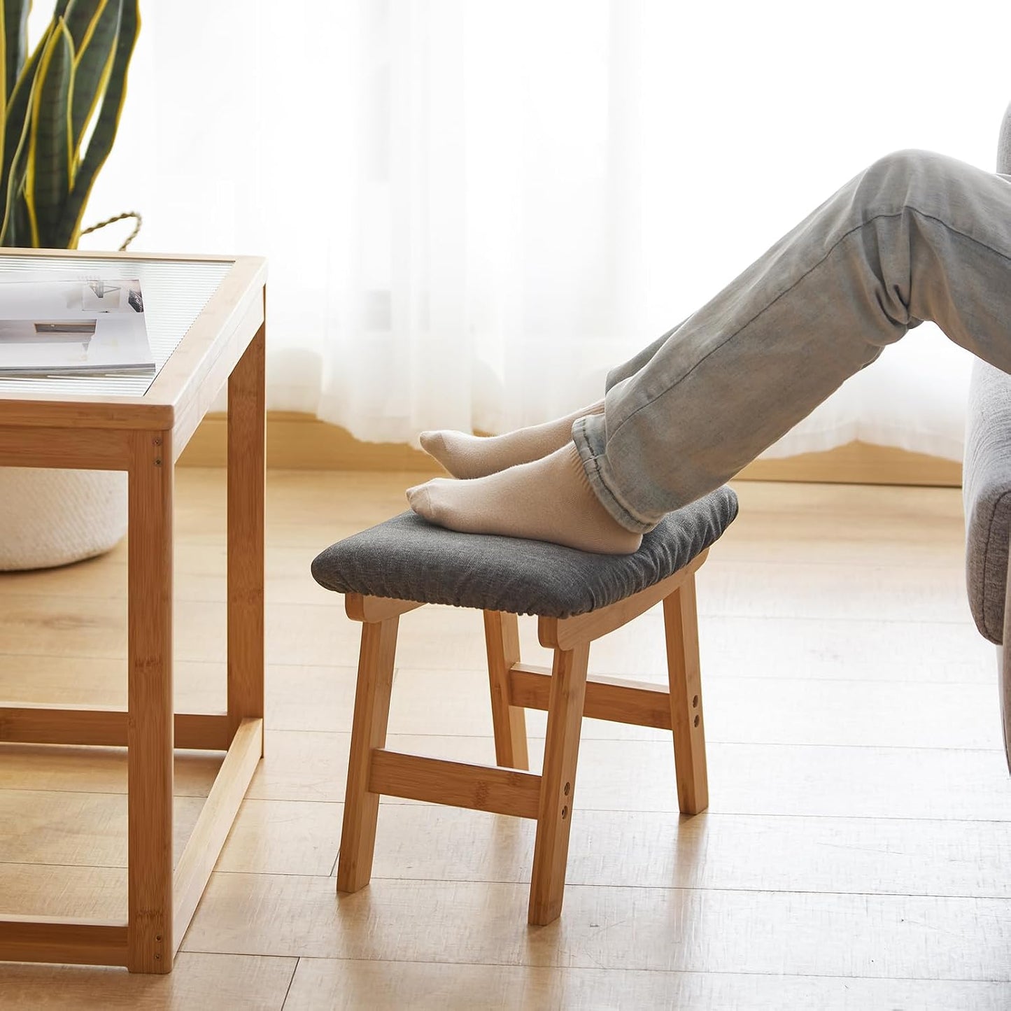 Foot Stool Ottoman Foot Rest Under Desk,Small Stool for Living Room, Bedroom and Kitchen (Brown Legs - Beige Stool Surface)