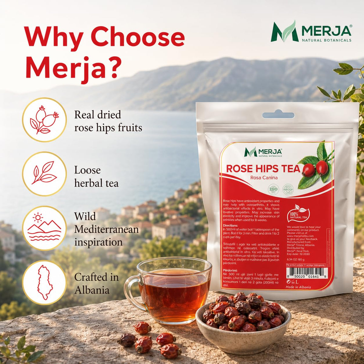 Merja Herbs Rose Hips Tea - Immune System Support & Antioxidants - Natural Caffeine Free - Loose Tea - 100% Natural & Premium Quality 180gr (Pack of 1)
