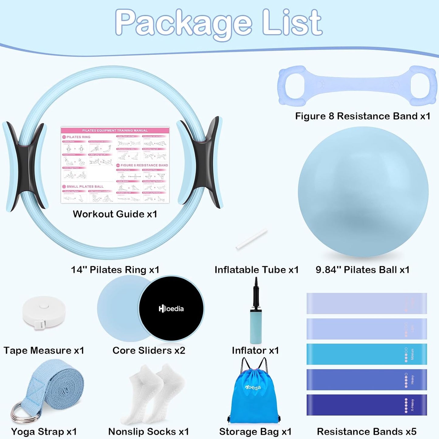 Hoedia Pilates Kit for Women, Pilates Equipment Ring and Ball Set with Resistance Bands, Yoga Strap, Core Sliders, Socks, Bag & Guide for Starter Home Workout Fitness Gym Essentials