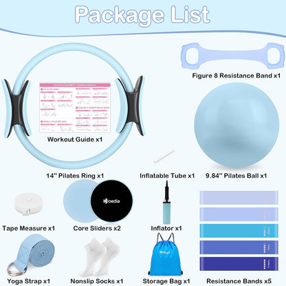 Hoedia Pilates Kit for Women, Pilates Equipment Ring and Ball Set with Resistance Bands, Yoga Strap, Core Sliders, Socks, Bag & Guide for Starter Home Workout Fitness Gym Essentials