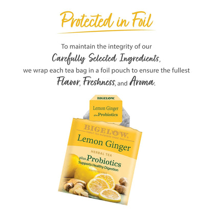 Bigelow Tea Lemon Ginger plus Probiotics Herbal Tea, Caffeine Free Tea with Lemon and Ginger, 18 Count Box (Pack of 6), 108 Total Tea Bags