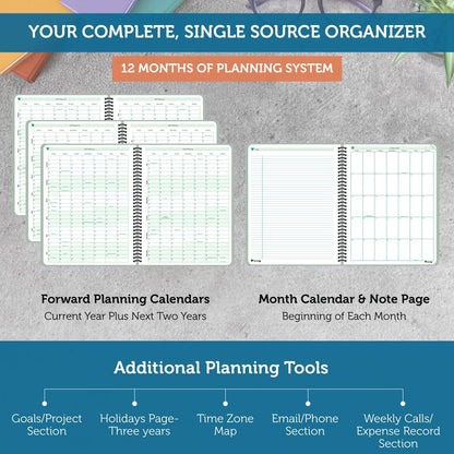Planner Pad Spiral Bound July 2026 – June 2027 / Academic Year 8 1/2" x 11" Large 3-Tier Funnel Down 12 Month/Weekly Size Organizer, Greenish Grey Cover/Soft Green Ink