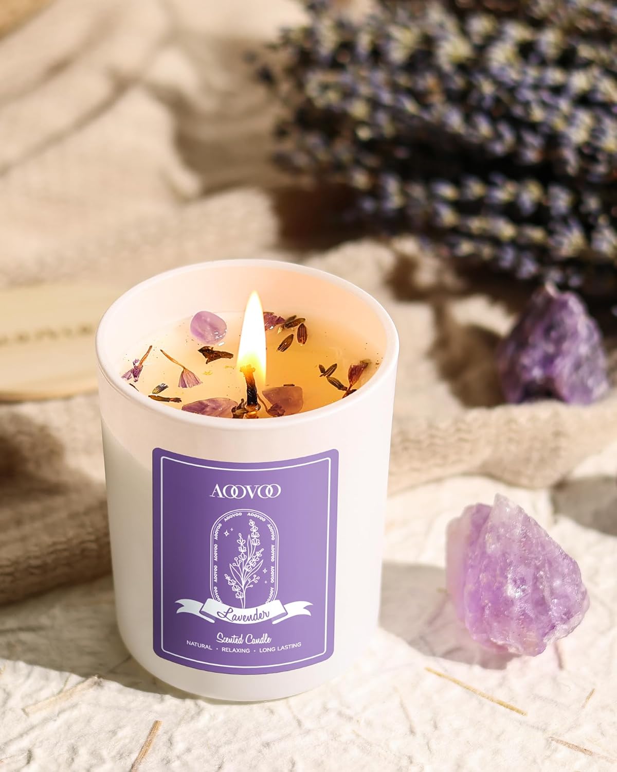 AOOVOO Lavender Scented Candles for Women - Aromatherapy Candle with Crystals Inside, 10oz Soy Candles for Home Scented, Birthday Gifts Mothers Day Candle for Women Mom