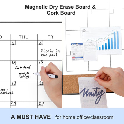 ARCOBIS Dry Erase Calendar with Cork Board for Wall, 24"x 18" Magnetic Calendar Whiteboard with Black Frame, Monthly Combination Board for School, Home, Office