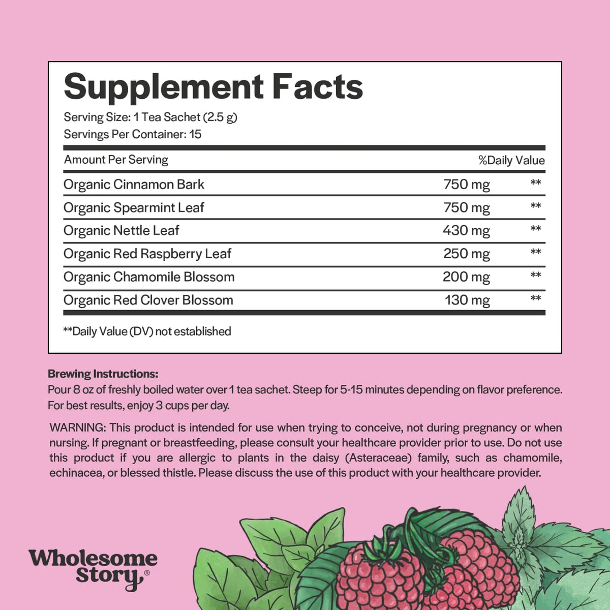 Organic Fertility Tea for Women w Red Raspberry Leaf, Cinnamon Bark, Spearmint & Nettle Leaf, Chamomile & Red Clover | 15 Pyramid Sachet