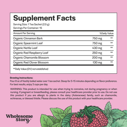 Organic Fertility Tea for Women w Red Raspberry Leaf, Cinnamon Bark, Spearmint & Nettle Leaf, Chamomile & Red Clover | 15 Pyramid Sachet