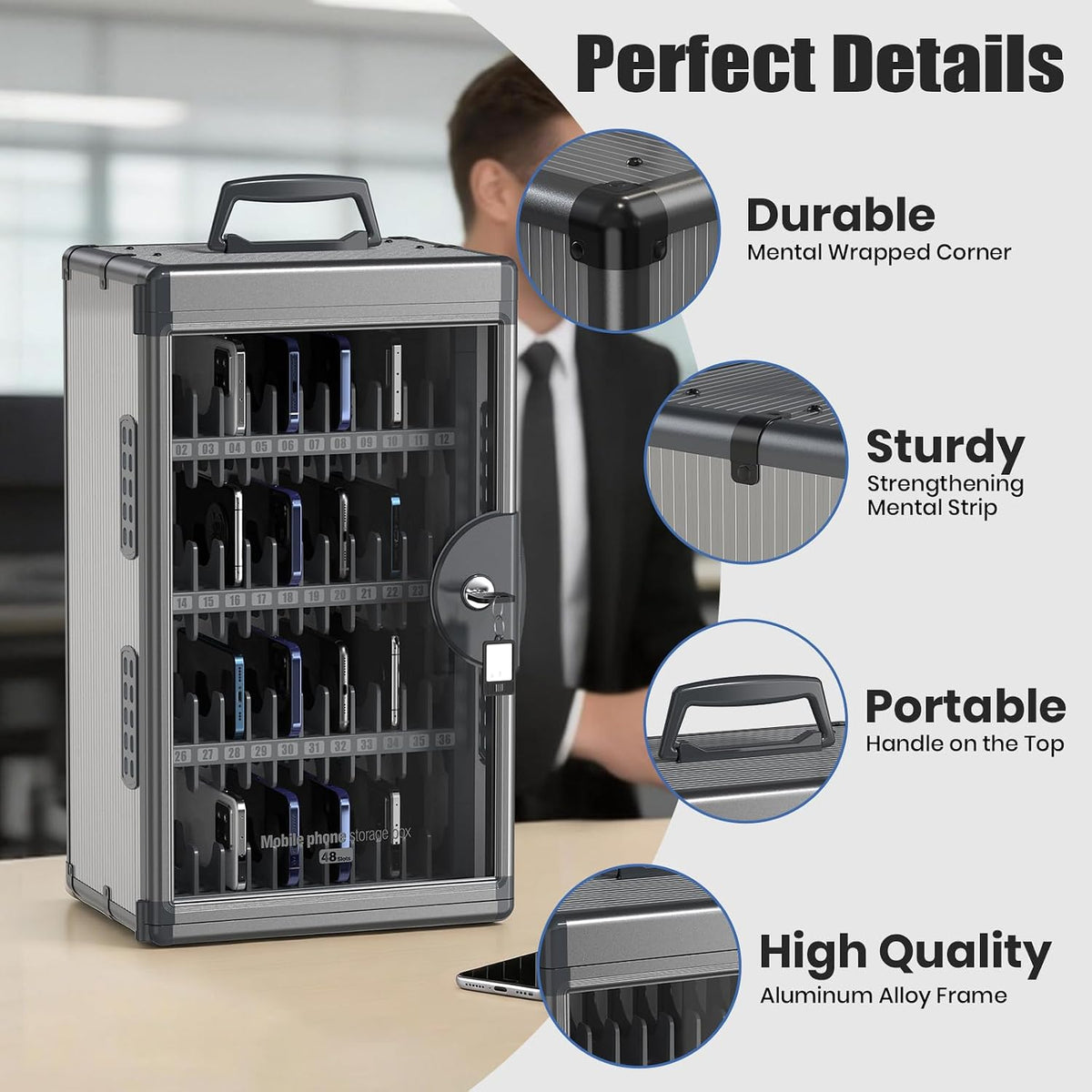 36 Slots Cell Phone Locker for Classroom with Key, Portable Mobile Phone Storage Box with Handle & Charging Hole, Phone Lock Box Wall Mounted for School (Black, 36 Slots)