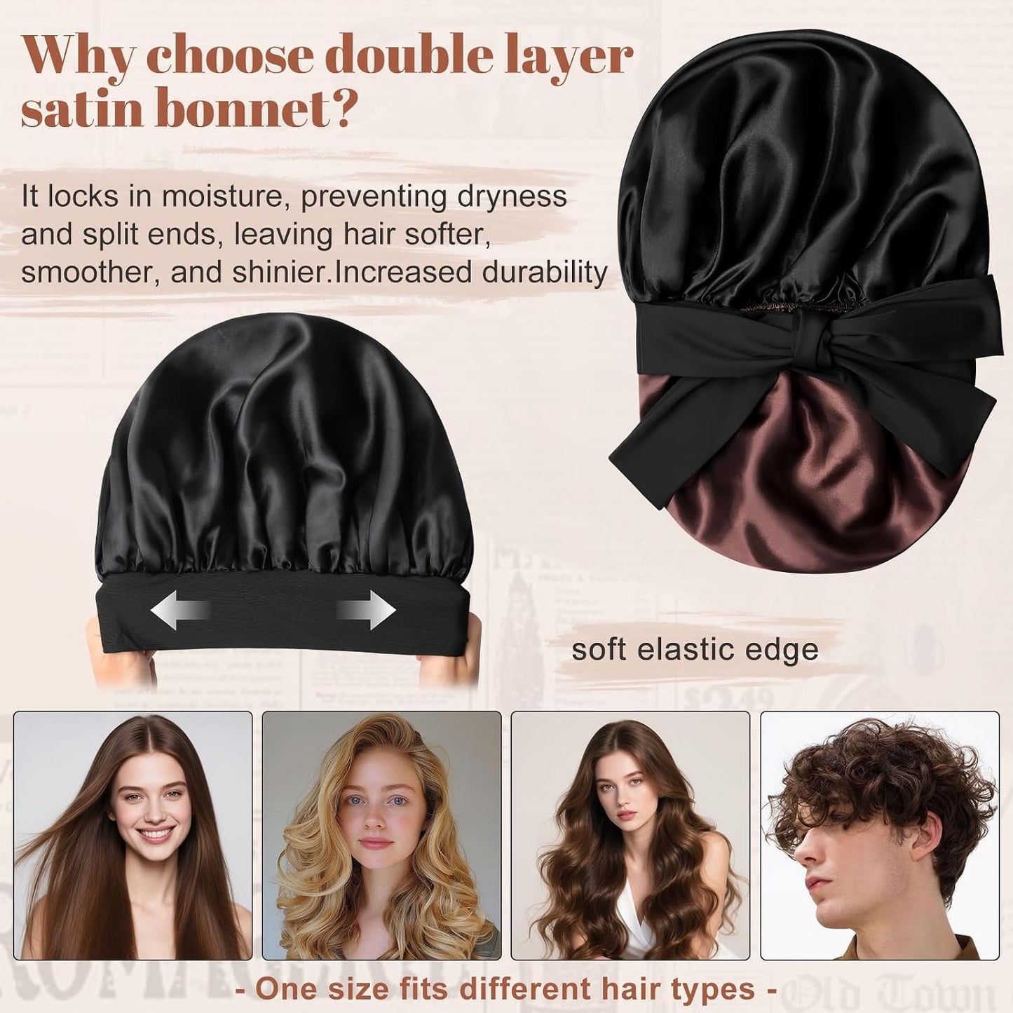 Satin Bonnet for Sleeping Cap Double Layer Hair Bonnet with Elastic Tie Band for Curly Hair Night Cap (Bean Paste + Pink)