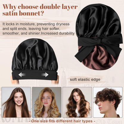 Satin Bonnet for Sleeping Cap Double Layer Hair Bonnet with Elastic Tie Band for Curly Hair Night Cap (Bean Paste + Pink)