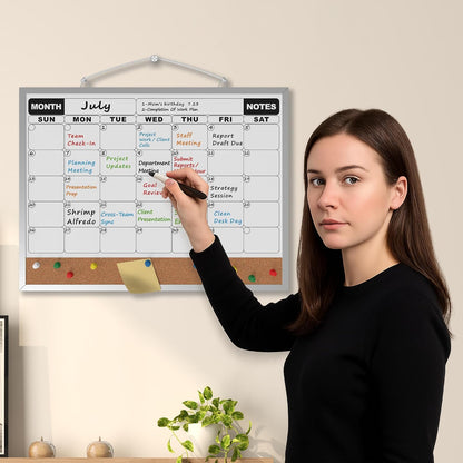 Monthly Calendar Dry Erase Board 16x12 Inch, Double-Sided Whiteboard and Corkboard Combo, Wall Mounted Planner Organizer with Markers, Magnets, Push Pins, Eraser, for Home Office School