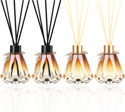 Reed Diffuser Set - 4 Empty Bottles with 20 Sticks, Delicate Gold Leaf Decor, Glass Fragrance Diffuser with Lids for Home, Bathroom | Refillable, Diamond Style (4 PCS Black)