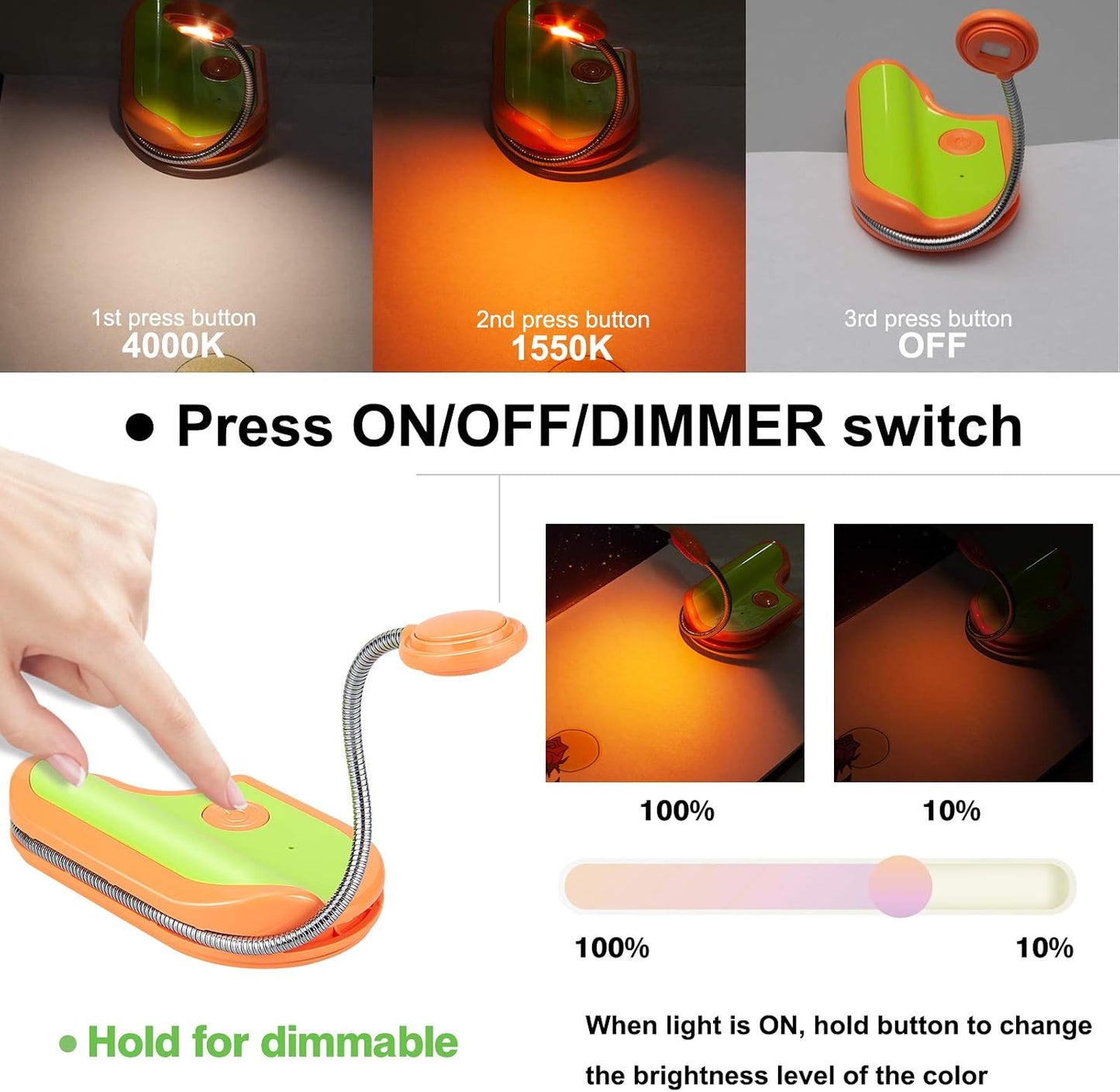 BIGMONAT Rechargeable Reading Light for Kids,Small Amber Book Light,Multi Colors Portable LED Reading Lamp with 361° Rotary Light Neck,Wireless Clip Reading Light for Books (White)