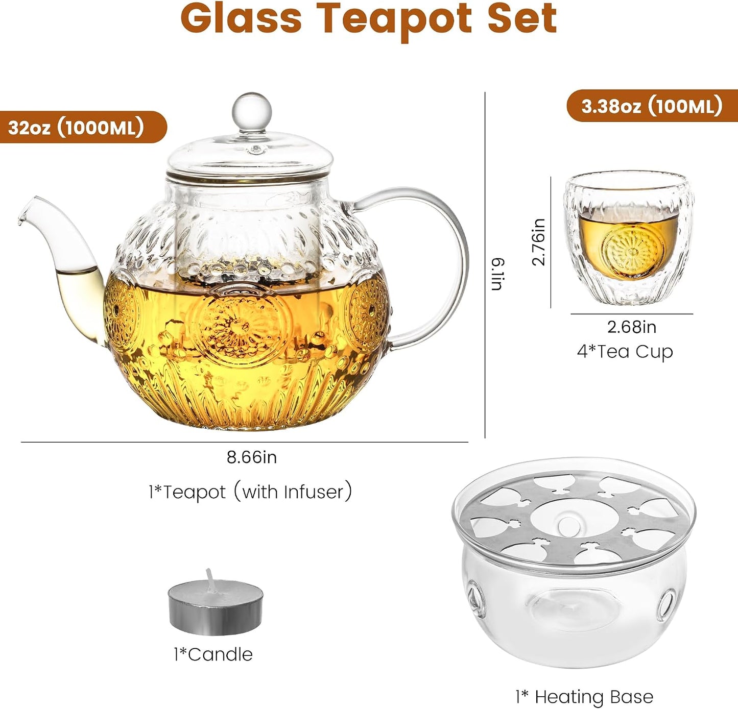 Bandesun Vintage Glass Teapot, Tea Kettle with Removable Infuser 32OZ/1000ml, Borosilicate Glass Pot -Stovetop Safe, Blooming & Loose Leaf Tea Maker Set