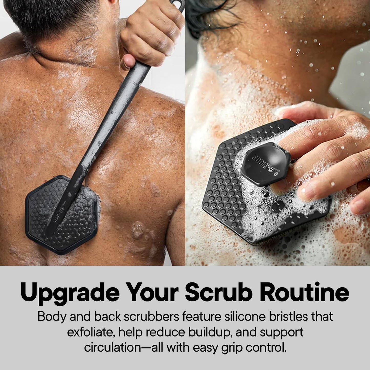 TOOLETRIES The Scrub King Silicone Shower Set for Men & Women, Hygienic Silicone Exfoliating Bath Set with Back Scrubber, Body Scrubber, Face Scrubber, Scalp Massager, Hooks & Holder - Charcoal