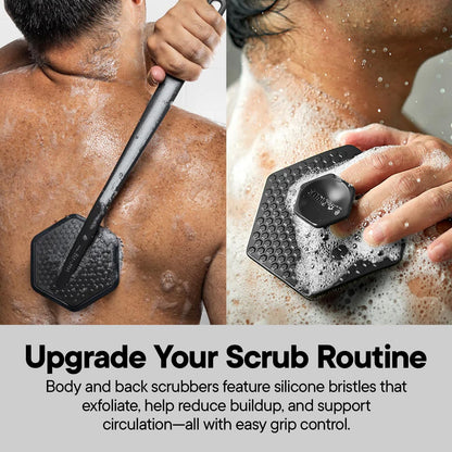 TOOLETRIES The Scrub King Silicone Shower Set for Men & Women, Hygienic Silicone Exfoliating Bath Set with Back Scrubber, Body Scrubber, Face Scrubber, Scalp Massager, Hooks & Holder - Charcoal