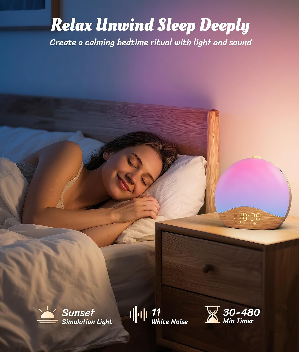 ecozy Sunrise Alarm Clock, White Noise Sound Machine, Alarm Clock for Bedrooms, 26 Soothing Sounds, 17 Night Lights, Bluetooth Speaker, Sunrise Wake-Up Light for Heavy Sleepers, Adults, Kids