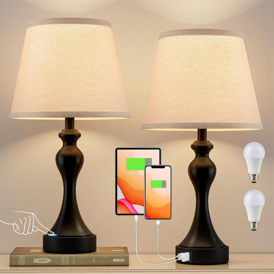 Touch Lamps for Nightstand, 3 Way Dimmable Bedside Lamps with USB C+A Ports