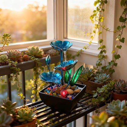 AOZITA Tabletop Fountain, Indoor Waterfall Fountain, Small Home Décor Zen Relaxation Soothing Sound Machine for Office, Living Room, or Bedroom,Blue Metal Lotus with Bud, River Rocks,Round LED