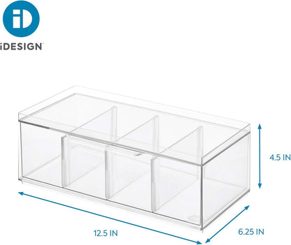 iDesign XL Tea Bag Organizer, Clear, 4-Section | For Counter, Storage Drawer for Cabinet