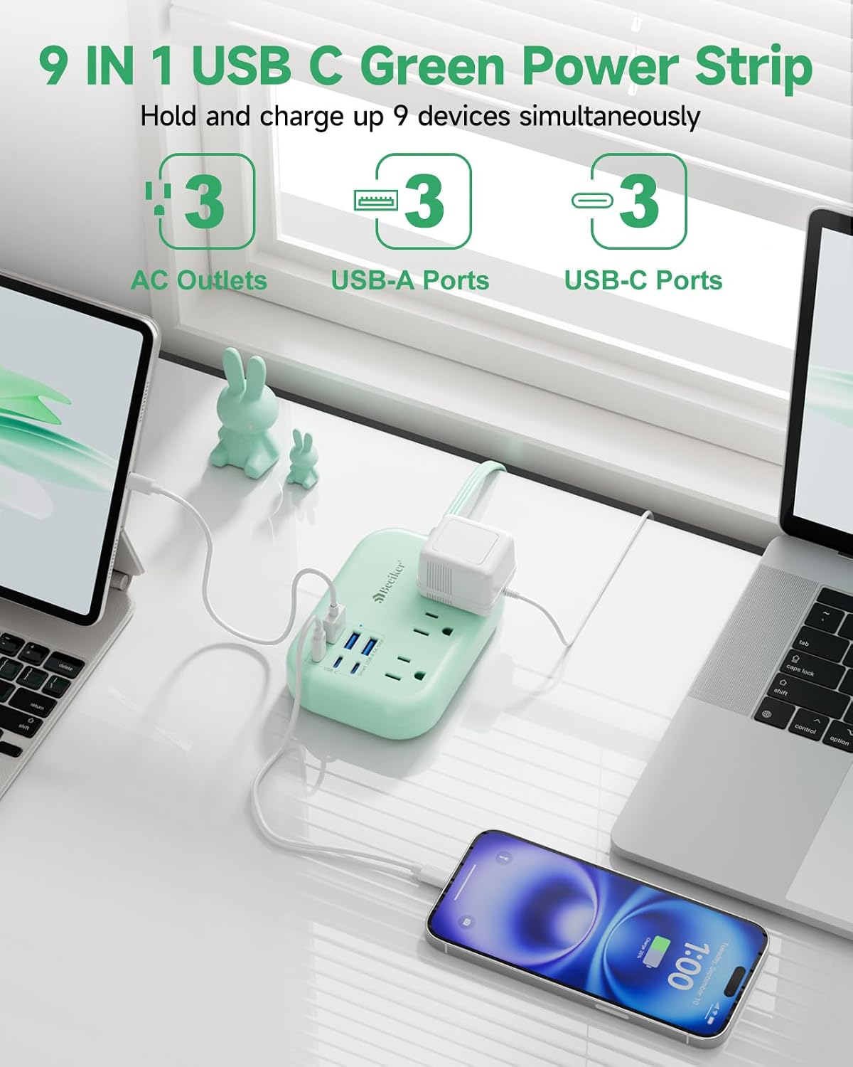 6 USB(3 USB C) Power Strip- Travel Power Strip with 6 USB Desktop Charging Station 24W/4.8A and 3 Outlets, 5Ft Flat Plug Braided Extension Cord, Non Surge Protector for Cruise Ship Travel Office Dorm
