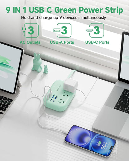 6 USB(3 USB C) Power Strip- Travel Power Strip with 6 USB Desktop Charging Station 24W/4.8A and 3 Outlets, 5Ft Flat Plug Braided Extension Cord, Non Surge Protector for Cruise Ship Travel Office Dorm