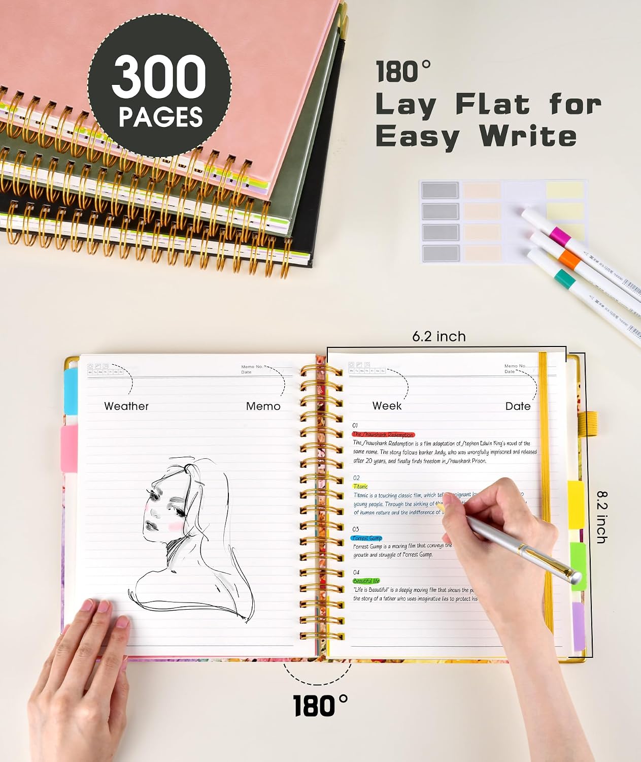 Hardcover Spiral Notebook journal with Removable Dividers Tabs, 300 Pages Leather 5 Subject Notebook College Ruled, 8"x10" Large B5 Notebooks for Work School Note taking, Lined Journal for Women,Black