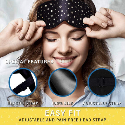 Jersey Slumber 100% Silk Sleep Mask for Women Men Side Sleeper - Light Blocking Eye Mask for Sleeping, Zero Pressure Soft Blindfold, Adjustable Strap, Silk Eye Cover for Travel Nap - Black