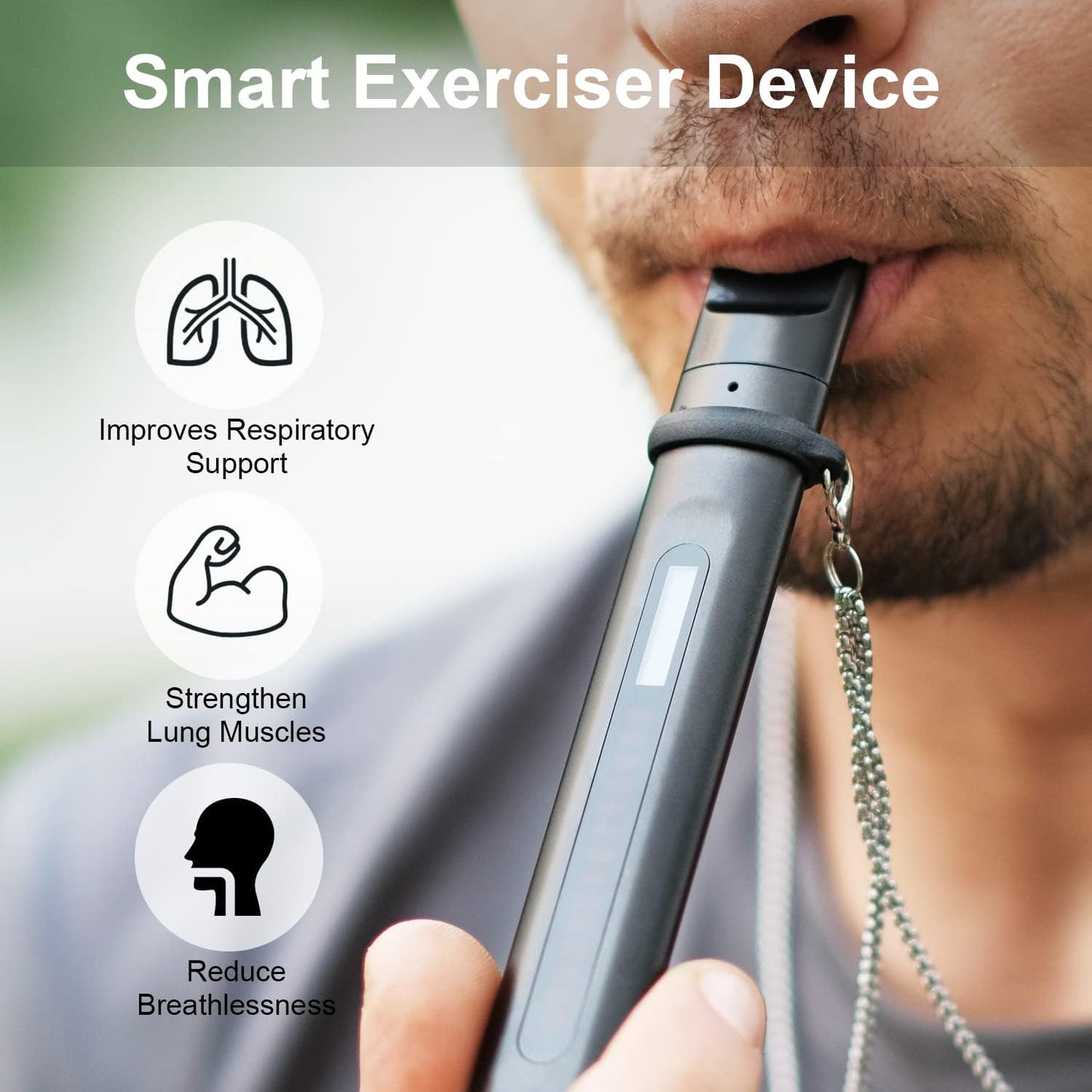 Breathing Trainer with Display, Portable Breathing Exercise Device, Rechargeable Breath Training Tool with Detachable Mouthpieces, Compact Handheld Design for Fitness, Daily Routine and Travel
