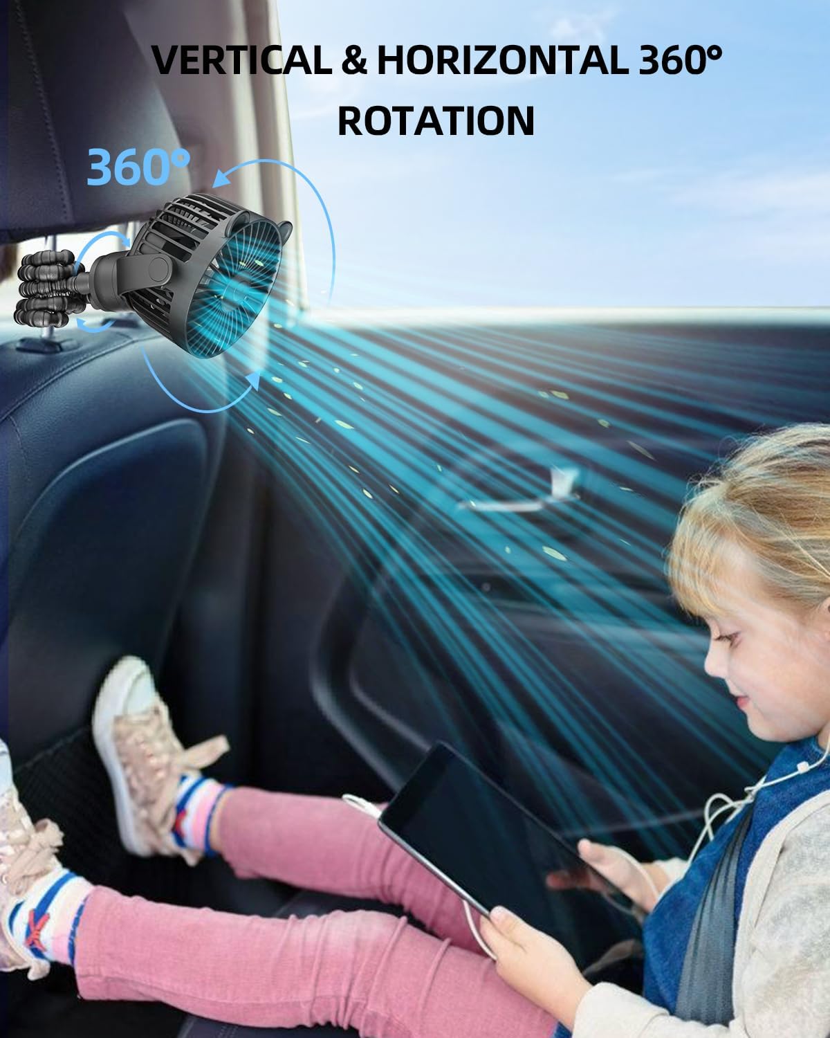 Portable Stroller Mini Fan, Small Rechargeable Personal Fan, Baby Travel Essentials for Wagon, Car Seat, Treadmill, Battery Powered Biking Gear Accessories, 360° Rotation, 3-Speed, Display, Black