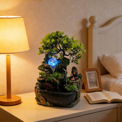 Mini Artificial Bonsai Tree Waterfall Fog Feature Rock Tabletop Fountain | 11in Desktop Decor Waterfall Fountain W/ Water Pump& Atomizer&LED Lights &Fake Tree Office Bedroom Relax