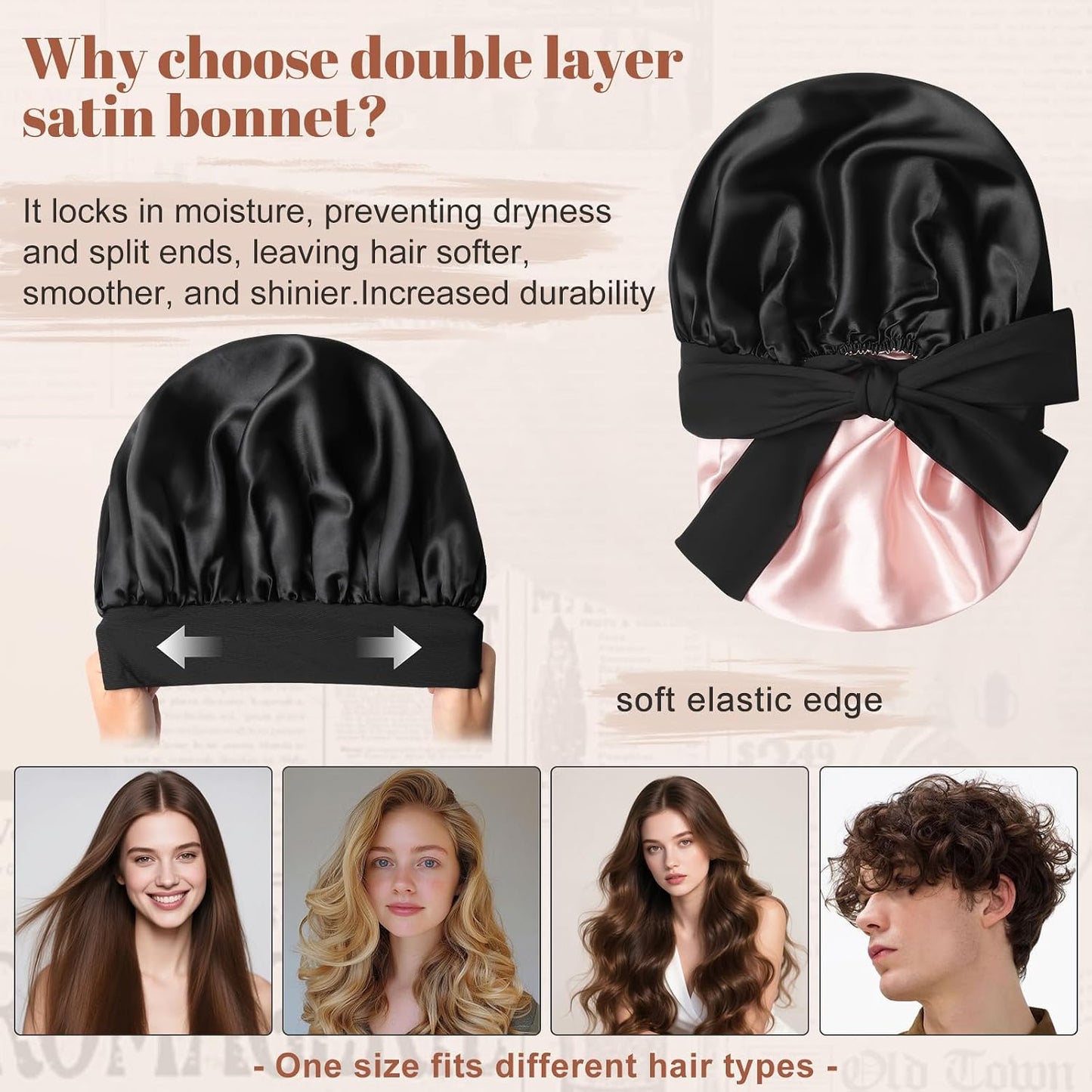 Satin Bonnet for Sleeping Cap Double Layer Hair Bonnet with Elastic Tie Band for Curly Hair Night Cap (Bean Paste + Pink)