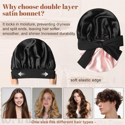 Satin Bonnet for Sleeping Cap Double Layer Hair Bonnet with Elastic Tie Band for Curly Hair Night Cap (Bean Paste + Pink)