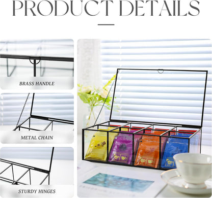 REDHUGO Glass Tea Bag Organizer, 8-Compartment Tea Storage Box, Gold