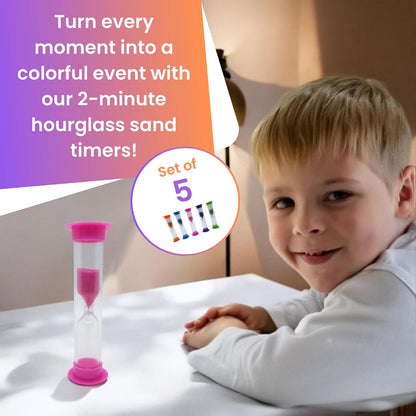 Gadgetime USA Hourglass Sand Timer - Set of 5-2 Minute Sand Timers in Orange, Pink, Purple, Blue, Green - Premium Sturdy Material, Beautiful Design & Novelty Gift