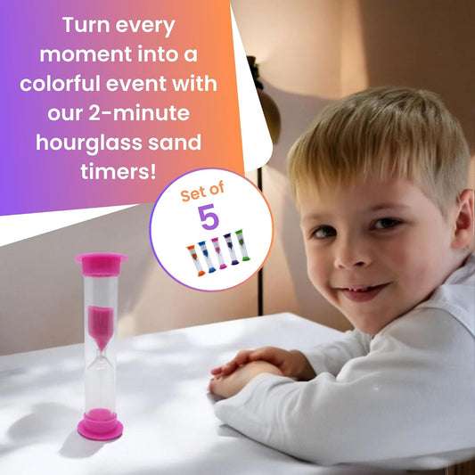 Gadgetime USA Hourglass Sand Timer - Set of 5-2 Minute Sand Timers in Orange, Pink, Purple, Blue, Green - Premium Sturdy Material, Beautiful Design & Novelty Gift