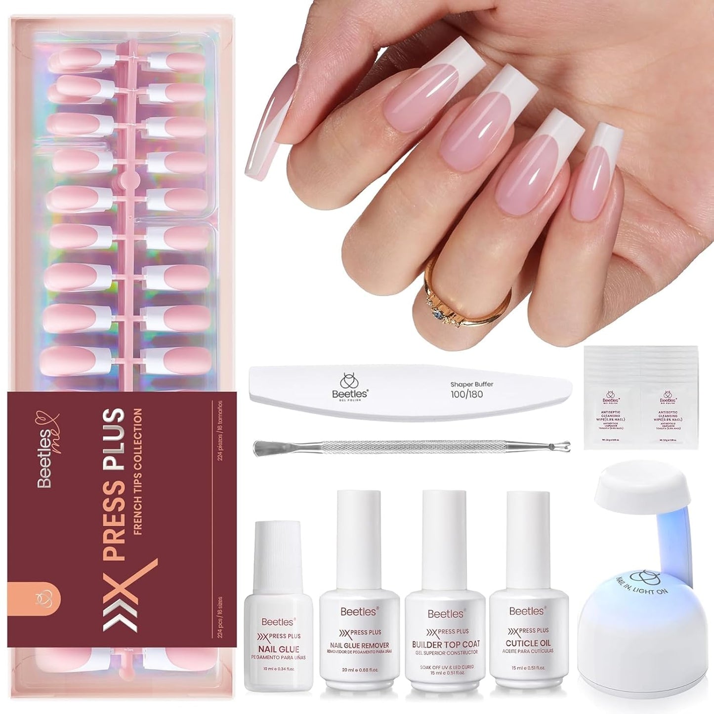 Beetles Press On Nail Kit-Short Square French Tip Press On Nails, 150Pcs Pink French Nail Tips with Nail Glue & Remover Builder Top Coat Nail Lamp, All-in-One DIY Fake Nails Gift for Women