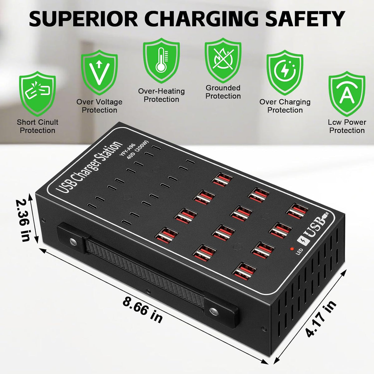 200W 40A USB Charging Station for Multiple Devices, 40 Port Fast USB Charger Block, Desktop Wall Fast Charger with Intelligent Protection, USΒ Power Strip Suitable for Home Office School