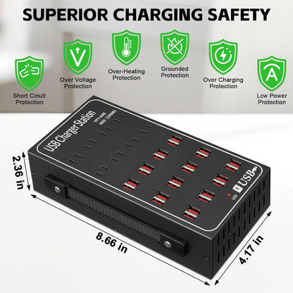 200W 40A USB Charging Station for Multiple Devices, 40 Port Fast USB Charger Block, Desktop Wall Fast Charger with Intelligent Protection, USΒ Power Strip Suitable for Home Office School