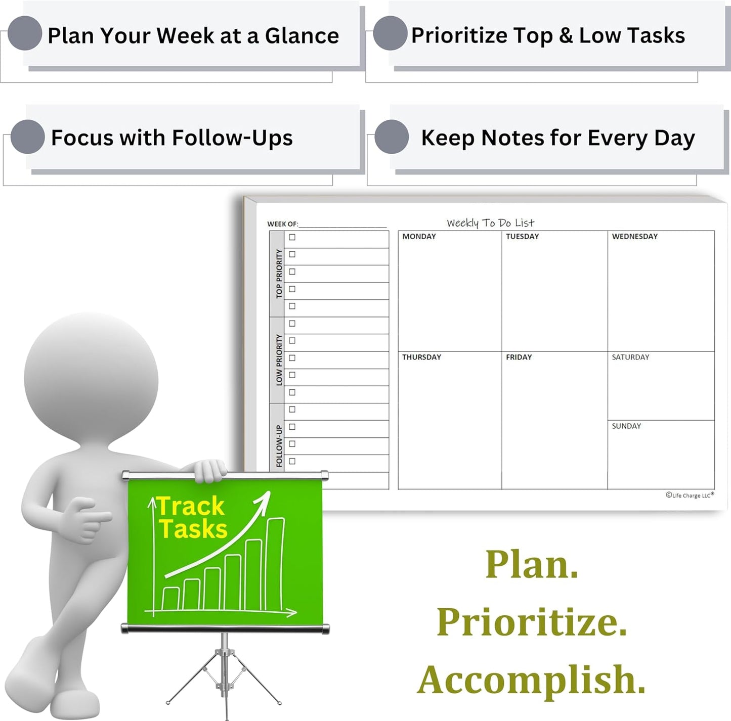 Life Charge Weekly Planner Notepad for Work & Home, Weekly To Do List Pad with Daily Checklist, Priority & Notes, 60 Pages, 8.5 x 11 Letter, Landscape