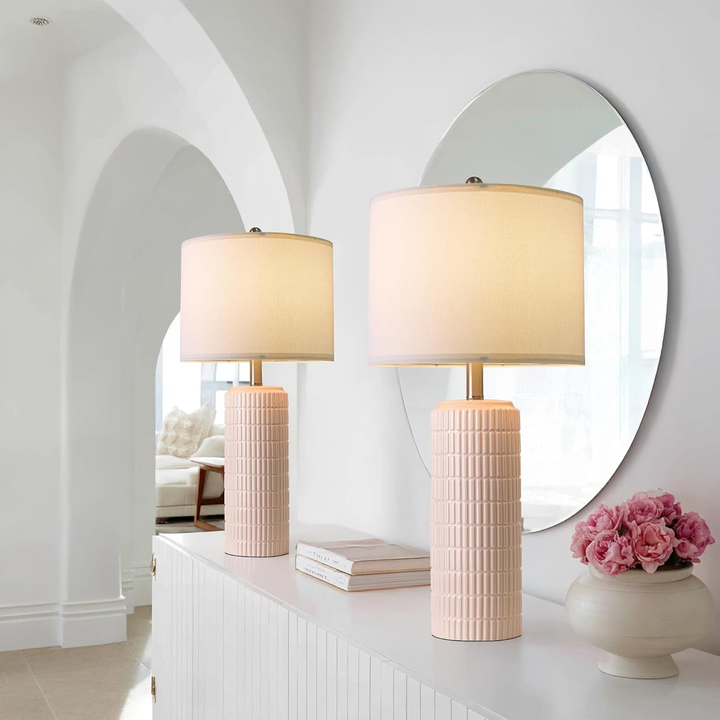PoKat 23" Modern Ceramic Table Lamp Set of 2 for Living Room White Desk Lamps for Bedroom Farmhouse Bedside Nightstand Lamp House Warming Gifts New Home Decor End Table Lamps Gifts for Women Mom Beige