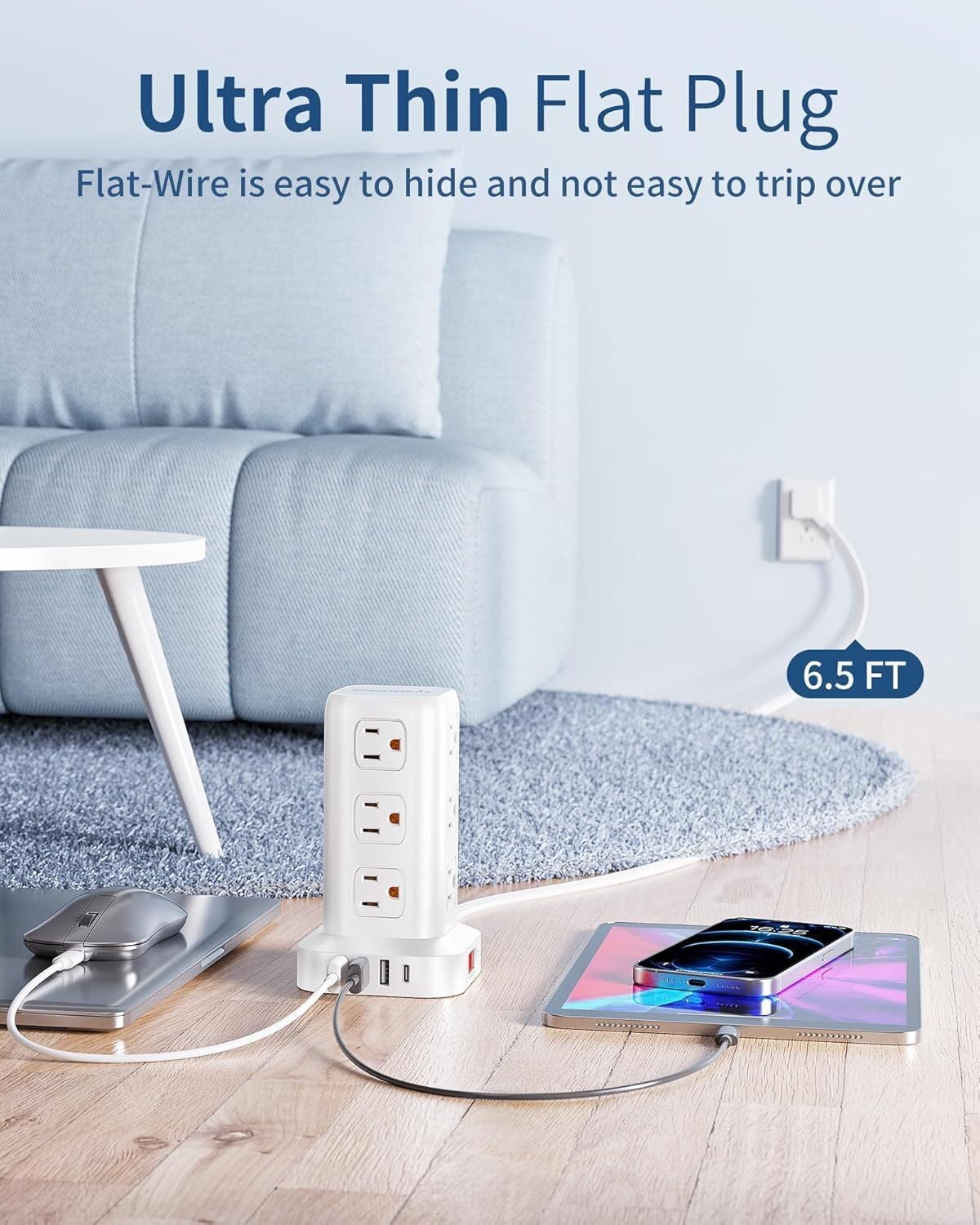 Extension Cord with Multiple Outlets, SMALLRT Power Strip Tower, Outlet Extender with 12 AC Outlets 4 USB, 6.5FT Extension Cord for Home Dorm Room, Office Supplies,Overload Protection