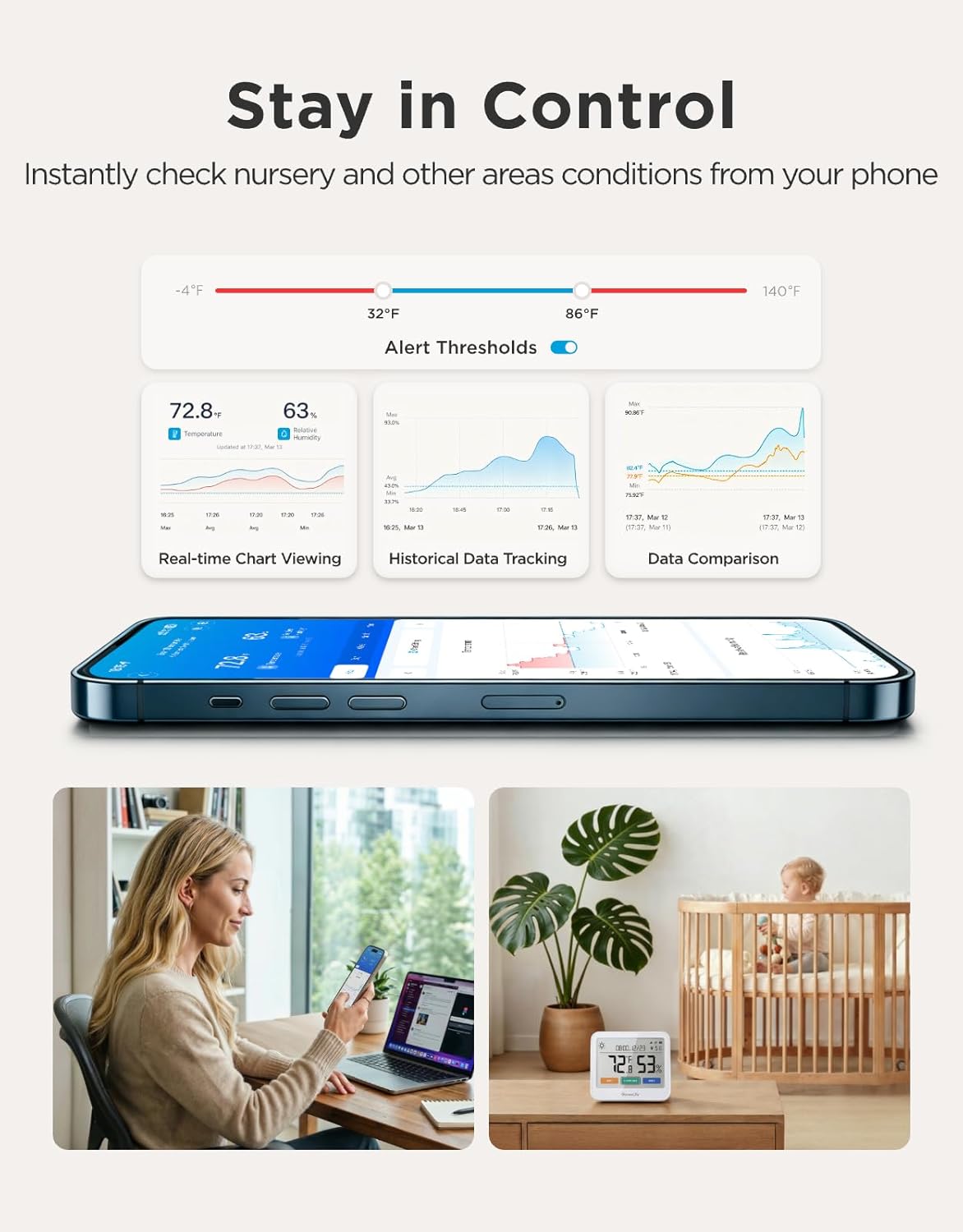 GoveeLife WiFi Thermometer Hygrometer, 5-in-1 Temperature and Humidity Monitor with Weather Station, Remote Sensor, Large LCD Display, Indoor Thermometer for Home Baby Room Greenhouse 3-Pack