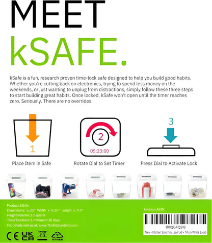 K-Safe Time Locking Container (Medium), Timed Lock Box for Cell Phones, Snacks, and other Unwanted temptations (White Lid + White Base, with Access Port)