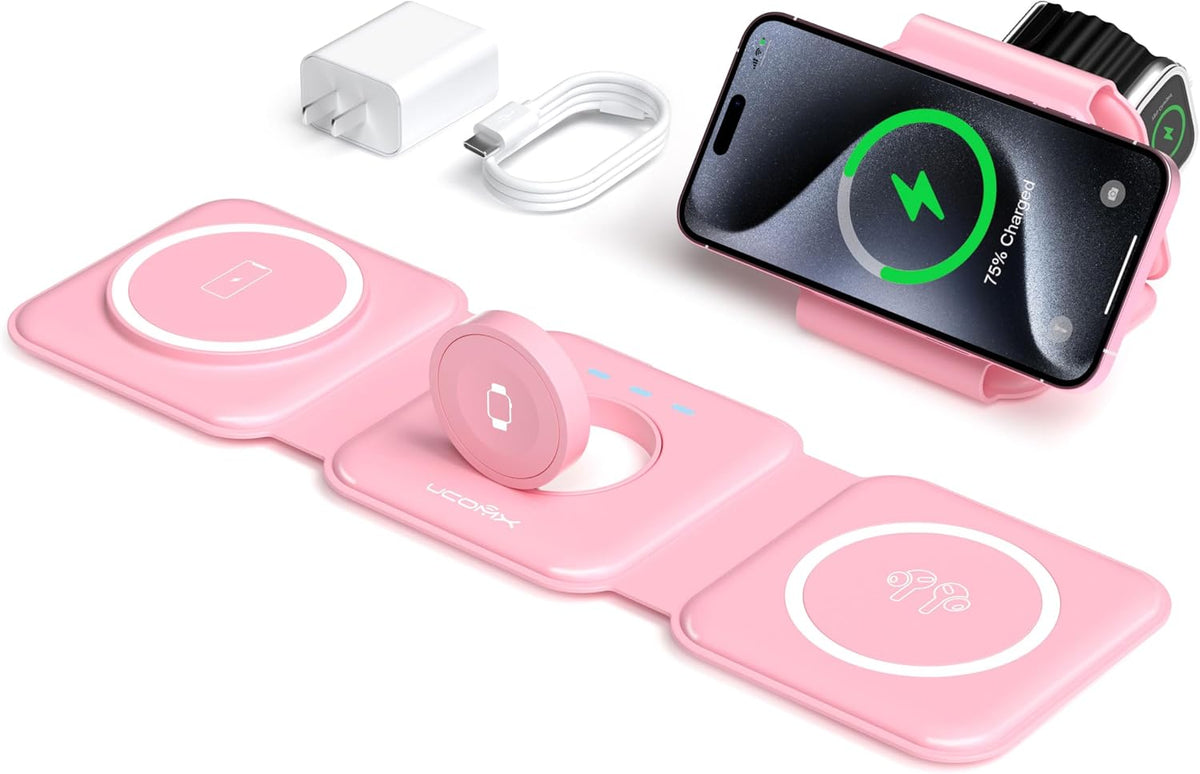 3 in 1 Charging Station for Multple Devices,Foldable 3 in 1 Wireless Charger for Travel,NANO Wireless Charging Station for iPhone17 16 15 14 13 12 Pro Max/Watch 10 9 8 7 6 5 4 3 Ultra/AirPod Pro