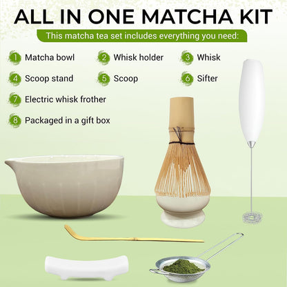 Matcha Whisk Set with Matcha Bowl - Matcha Set Included Electric Frother, Bamboo Whisk, Matcha Spoon, Bamboo Holder, Sifter, Spoon Stand (Mottled Green)