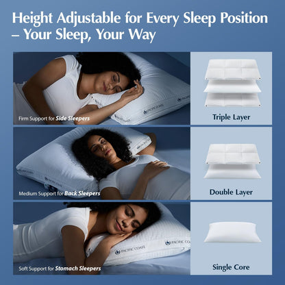 Pacific Coast ArcticLayer Adjustable Cooling Pillows, Standard Size 2 Pack, Hotel Pillows for Hot Sleepers, Oeko-TEX Certified, Removable Pads with Snap Buttons, Breathable Support for Night Sweats